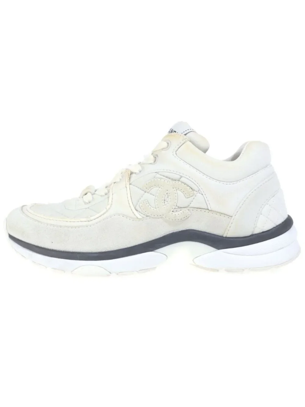 Chanel Logo CC Quilted Leather Suede Low Cut Sneakers 36 White